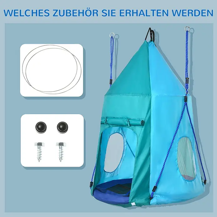 Outsunny Nestschaukel - Durchmesser: 100 cm, Polyester, Blaugrün - Ein blau-türkiser Hängeschaukelzelt mit Zubehör: zwei Metallringe und zwei Schrauben mit Kappen.