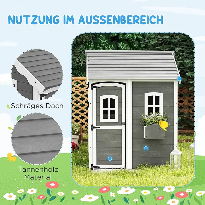 Outsunny Spielhaus - L x B x H: 110 x 104,5 x 137 cm, Holz, Grau - Grau-weißes Spielhaus aus Tannenholz für den Außenbereich mit Schrägdach.