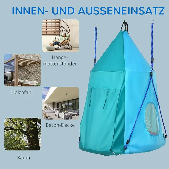 Outsunny Nestschaukel - Durchmesser: 100 cm, Polyester, Blaugrün - Blau-türkises Hängezelt/-pod für Innen- und Außeneinsatz, mit illustrierten Aufhängungsoptionen.