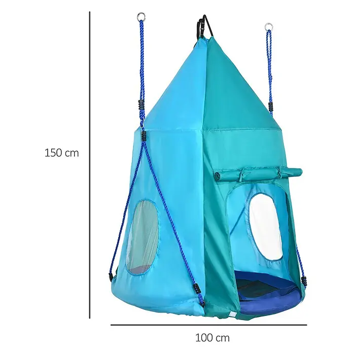Outsunny Nestschaukel - Durchmesser: 100 cm, Polyester, Blaugrün - Blau-türkises Hängespielzelt, 150 cm hoch und 100 cm breit, mit Netzfenstern.