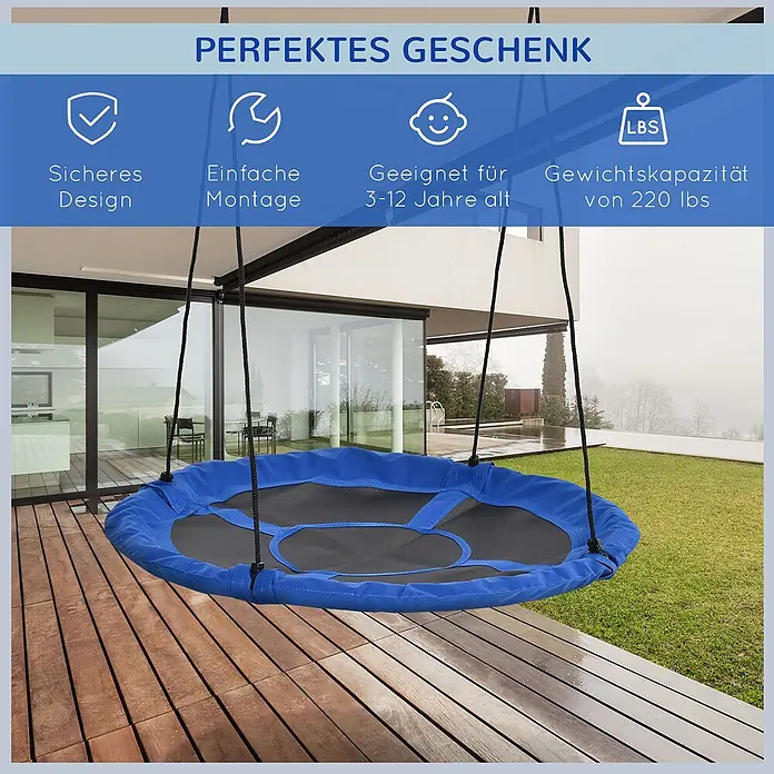 Outsunny Nestschaukel - Durchmesser: 110 cm, Stahl, Blau - Blaue Tellerschaukel mit schwarzer Netzmitte, über einer modernen Außenterrasse hängend.