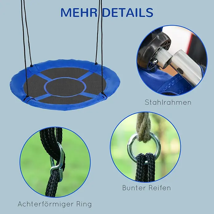 Outsunny Nestschaukel - Durchmesser: 110 cm, Stahl, Blau - Blau-schwarze Tellerschaukel mit Detailansichten der Stahlrahmenverbindung, des Achterrings und des Metallrings für Seile.
