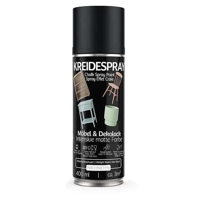 Colors Farbspray Kreidespray Möbel & Dekolack 400ml Matt Mitternachtsschwarz - Mitternachtsschwarz, Sprühdose - Schwarze Kreidespraydose für Möbel und Deko, 400 ml, Mitternachtsschwarz, matt, deckt ca. 3m² ab.