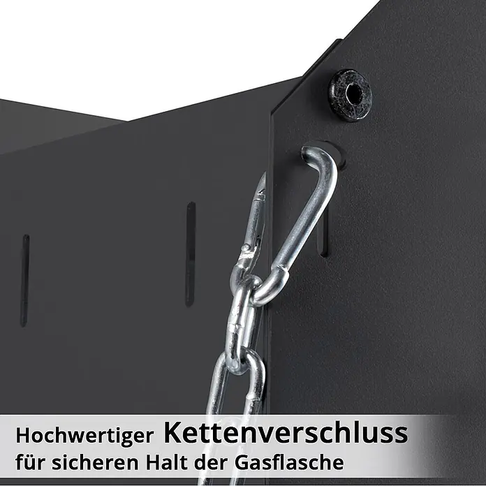 STAHLWERK Schweißwagen Schweißwagen SW-800-ST -  - Nahaufnahme einer silbernen Kette und eines Hakens an einer schwarzen Metallplatte zur Sicherung einer Gasflasche.
