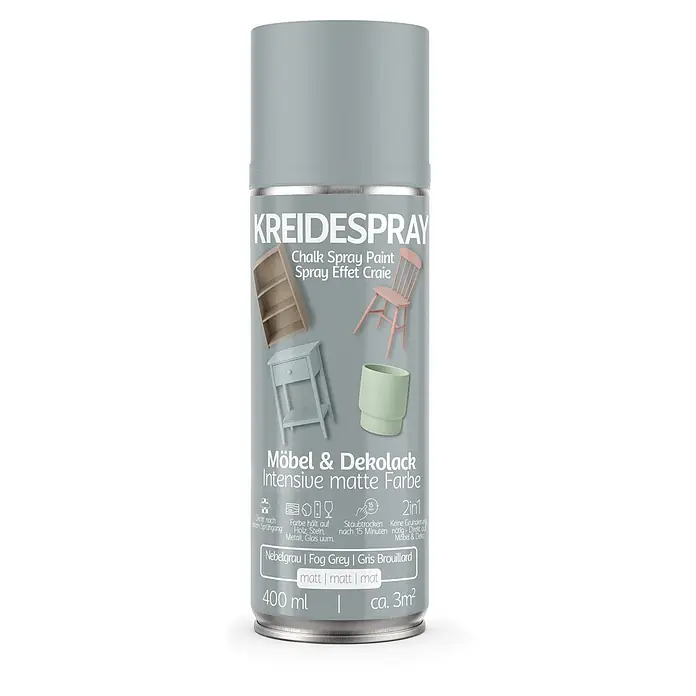 Colors Farbspray Kreidespray Möbel & Dekolack 400ml Matt Nebelgrau - Nebelgrau, Sprühdose - Hellgraue Kreidespraydose (400 ml) für Möbel und Deko, mit Farbe "Nebelgrau" und mattem Finish.