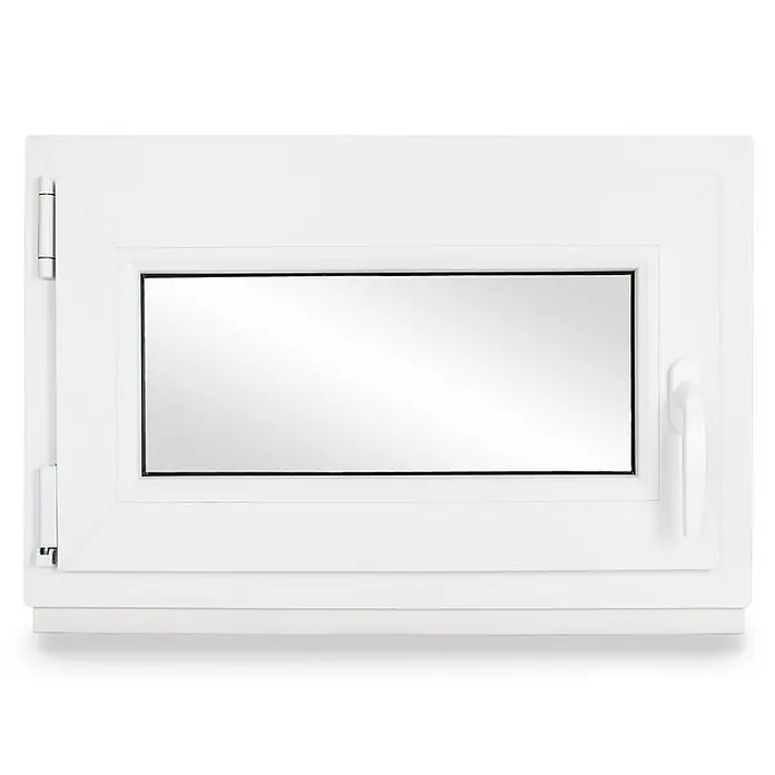 Neruli Kunststofffenster 90x90 cm(BxH) DIN Links 2 -fach Glas Dichtung Schwarz - 90 x 90 cm, DIN Anschlag: Links, Weiß - Weißes Kunststofffenster mit einer rechteckigen Scheibe, links Scharnieren und rechts einem Griff.