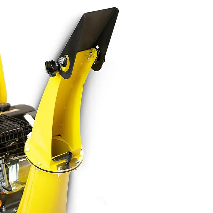Bamato Benzin-Häcksler HACK-100 inkl. Abdeckplane - Max. Aststärke: 100 mm, 4,1 kW, Hubraum: 196 cm³ - Gelber Schneefräsen-Auswurfschacht mit schwarzem, verstellbarem Deflektor und Drehhebel.