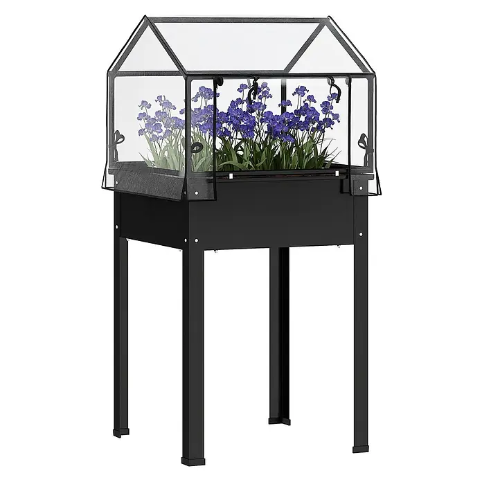 Outsunny Kräuterhochbeet - Material: Stahl - Schwarzes Hochbeet aus Metall mit transparenter Gewächshausabdeckung und violetten Blumen.