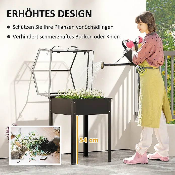 Furnicato Hochbeet Inklusive Gewächshaus-Aufsatz - 60 x 60 x 120 cm, Metall, Schwarz - Erhöhtes schwarzes Hochbeet mit transparenter Abdeckung, Pflanzen werden gegossen. Schützt vor Schädlingen, verhindert Bücken.
