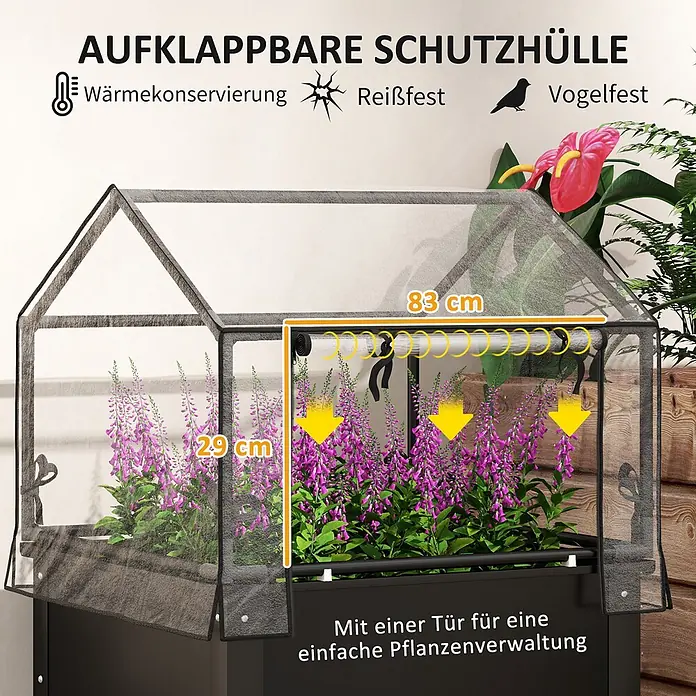 Furnicato Hochbeet Inklusive Gewächshaus-Aufsatz - 60 x 60 x 120 cm, Metall, Schwarz - Aufklappbare Schutzhülle für Pflanzen mit den Maßen 83x29 cm, reißfest, wärmeerhaltend und vogelfest, mit Zugangstür.