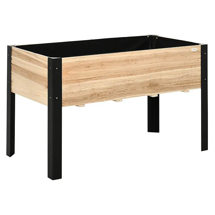 Outsunny Kräuterhochbeet - Material: Holz - Erhöhtes Hochbeet aus Holz mit schwarzem Metallrahmen und schwarzem Liner.