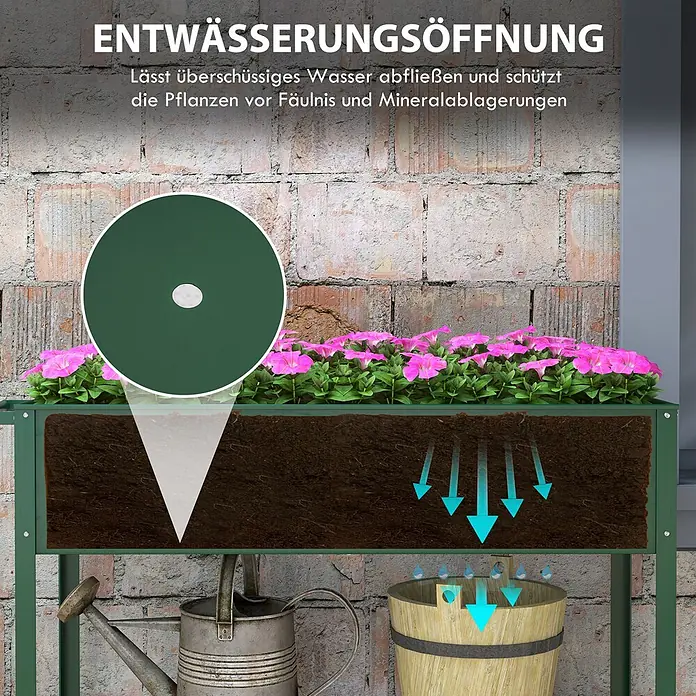 Outsunny Kräuterhochbeet - Material: Metall - Grünes Hochbeet mit Entwässerungsöffnung, die überschüssiges Wasser in einen Eimer ableitet und Pflanzen vor Fäulnis schützt.