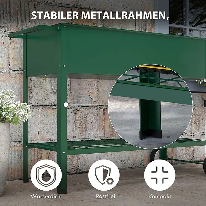 Outsunny Kräuterhochbeet - Material: Metall - Grünes Hochbeet aus Metall mit stabilem Rahmen und Ablagefach auf einer Terrasse.