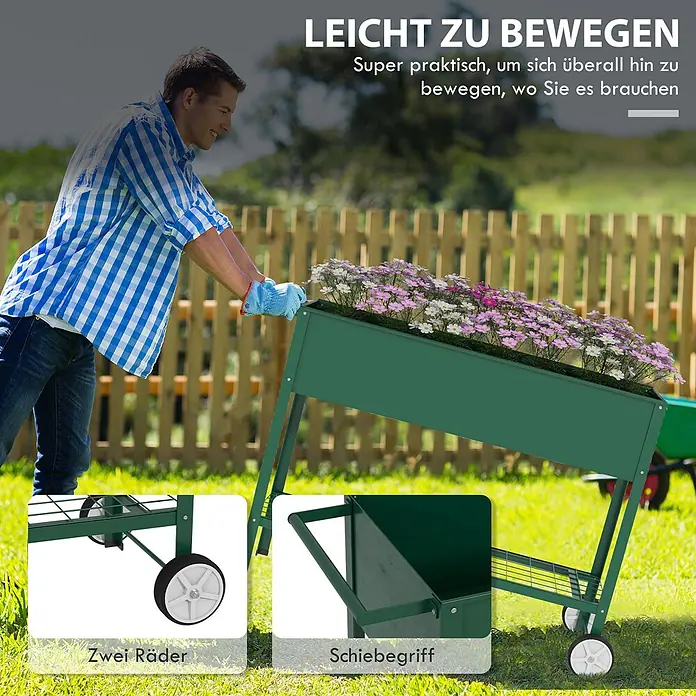 Outsunny Kräuterhochbeet - Material: Metall - Grünes mobiles Hochbeet mit Blumen, von einem Mann im Garten geschoben. Mit Rädern und Schiebegriff für einfaches Bewegen.