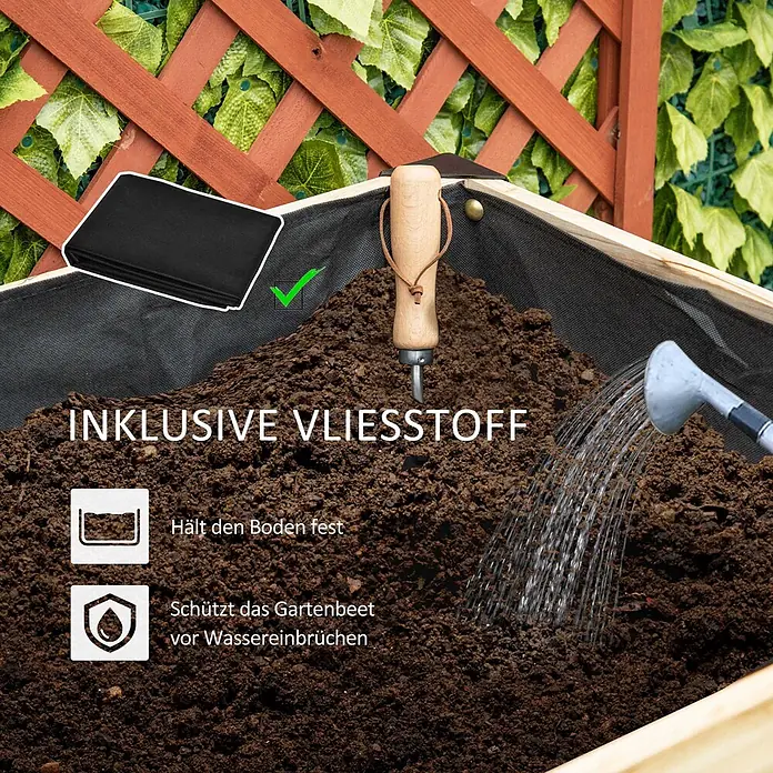 Outsunny Kräuterhochbeet - Material: Holz - Schwarzer Vliesstoff kleidet ein Hochbeet mit Erde aus. Er verhindert Bodenerosion und Wasserschäden. Ein gefaltetes Stück ist ebenfalls sichtbar.