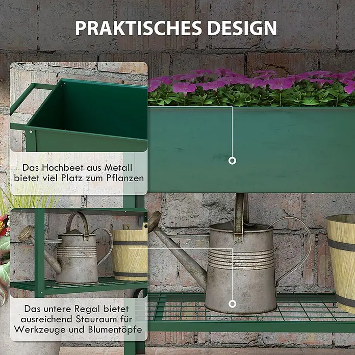 Outsunny Kräuterhochbeet - Material: Metall - Grünes Hochbeet aus Metall mit Ablage, zum Pflanzen und Aufbewahren von Gartengeräten und Töpfen.