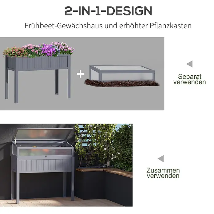 Outsunny Kräuterhochbeet - Material: Holz - Graues 2-in-1 Hochbeet und Frühbeet-Aufsatz, separat oder kombiniert nutzbar.