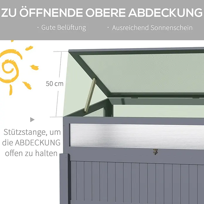 Outsunny Kräuterhochbeet - Material: Holz - Graues Holz-Frühbeet mit durchscheinendem Deckel, das auf 50 cm Höhe geöffnet ist.