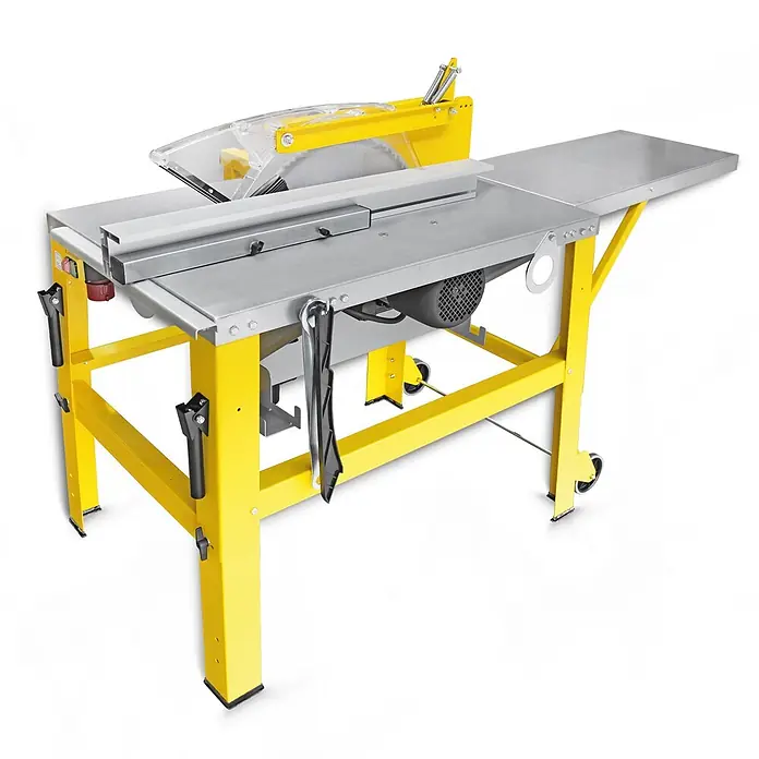 BAMATO Tischkreissäge BCS-500PRO 400V 4200W 500mm Sägeblatt -  - Gelbe und silberne Tischsäge mit Schutzhaube und grauer Arbeitsplatte.
