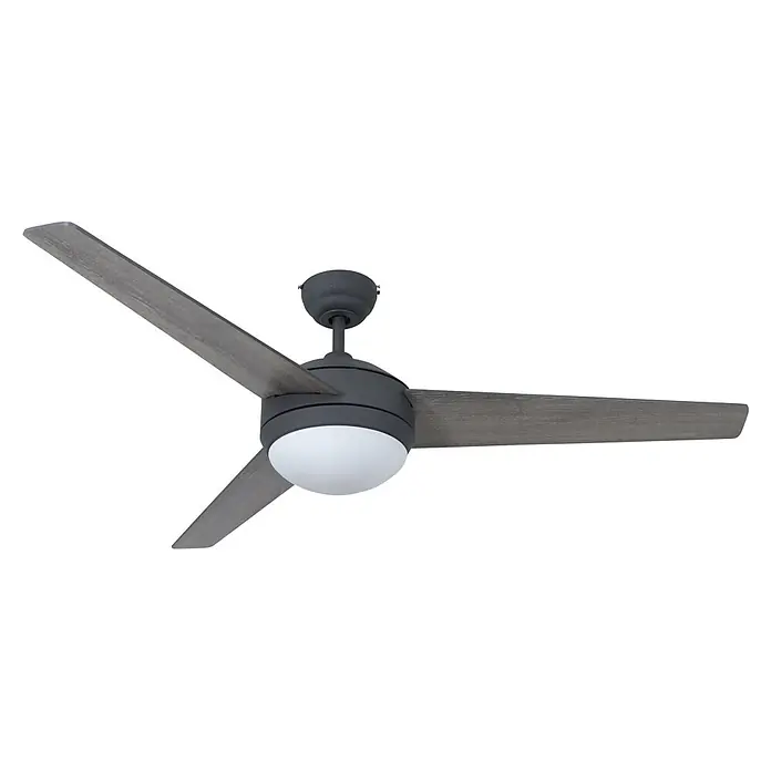 Vam Deckenventilator VEGALIGHT graphit - Graphit - grey-wash, 1.320 mm - Dunkelgrauer Deckenventilator mit drei hellgrauen Holzmaserungsflügeln und einer kugelförmigen weißen LED-Leuchte.