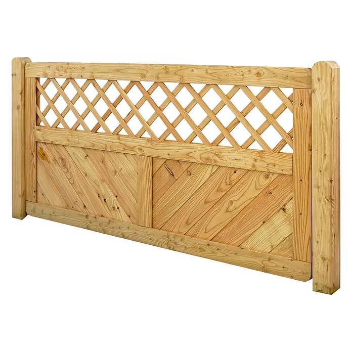 GartenLand Sichtschutzelement NIZZA - Holz, Lärche - Gartentor aus Holz mit schräg angeordneten Brettern unten und einem Spaliergitter oben, naturfarben.