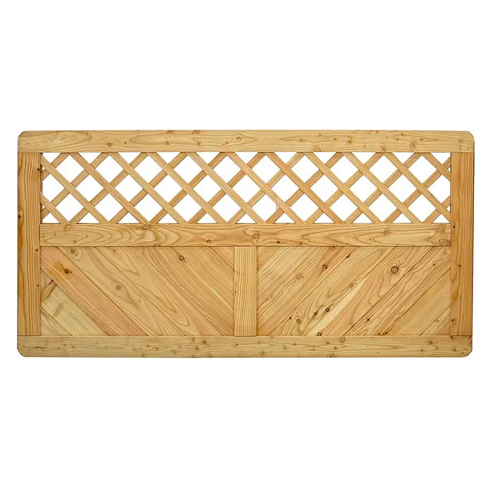 GartenLand Sichtschutzelement NIZZA - Holz, Lärche - Helles Holztor mit diagonalem Gitter und Rahmen aus Holzbrettern.