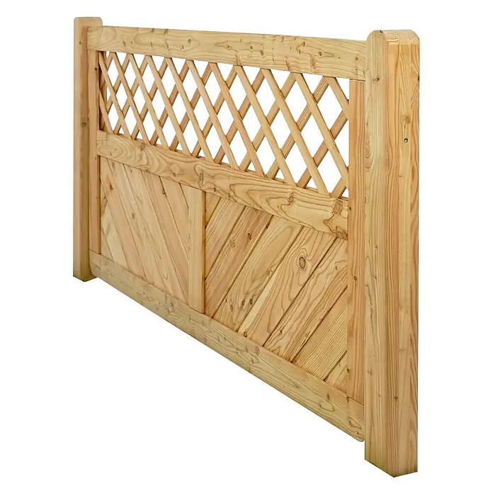 GartenLand Sichtschutzelement NIZZA - Holz, Lärche - Helles Holzzaunelement mit Rautenrankgitter oben und diagonalen Brettern unten.