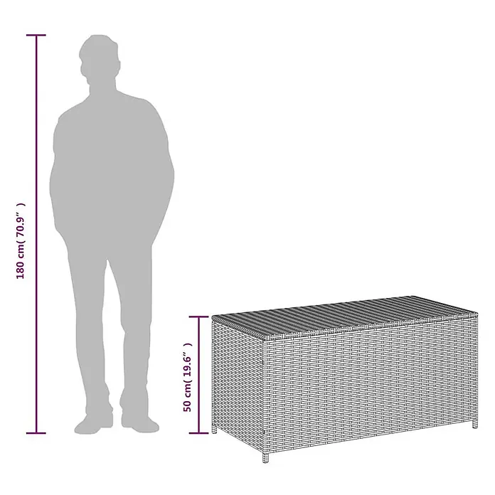 Furnicato Garten-Aufbewahrungsbox PE-Rattan - Mischung aus Beige, Kunststoff - Dunkelgraue Rattan-Look Aufbewahrungsbox, 50 cm hoch, zum Größenvergleich neben einer Person dargestellt.
