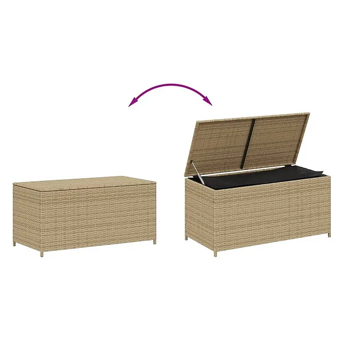 Furnicato Garten-Aufbewahrungsbox - Mischung aus Beige, Kunststoff - Hellbraune Rattan-Gartenbox mit geschlossenem und geöffnetem Deckel, zeigt schwarzes Innenfutter und Gasdruckfeder.