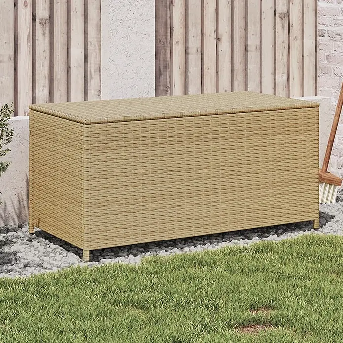 Furnicato Garten-Aufbewahrungsbox PE-Rattan - Mischung aus Beige, Kunststoff - Rechteckige, hellbraune Outdoor-Aufbewahrungsbox in Rattan-Optik, auf Kies im Garten stehend.