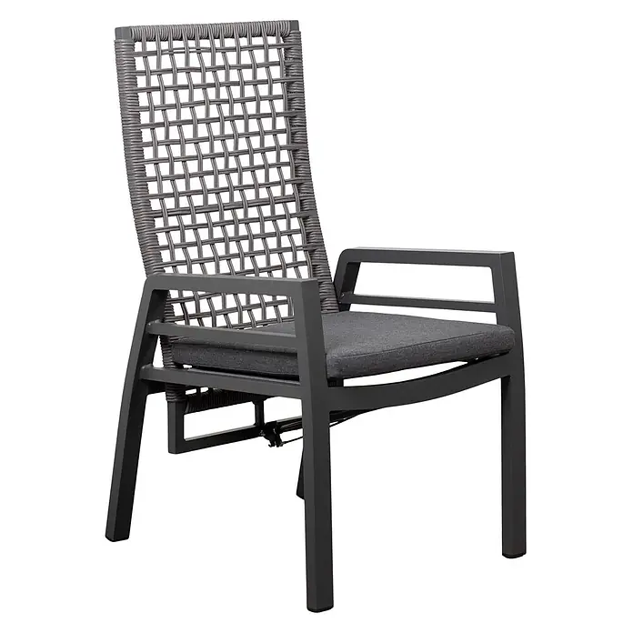 Bene Living Gartentisch-Set Lucena mit Tisch Malaga - Gesamtumfang: 7 -tlg., Aluminium pulverbeschichtet, Textilene, Rope-Geflecht und Tischplatte aus gesintertem Stein (Keramik), Rückenlehne verstellbar - Dunkelgrauer Outdoor-Stuhl mit Metallrahmen, geflochtener Rückenlehne und Stoff-Sitzkissen.