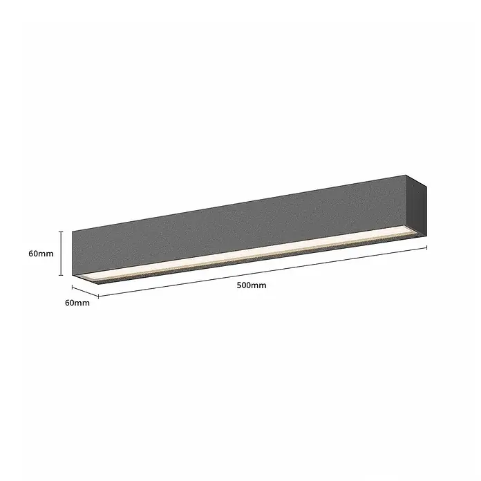 Lucande Außenwandleuchte Lengo - schwarz, schwarz, IP65 - Rechteckige graue LED-Lichtleiste, mattiert, Maße 500x60x60mm.