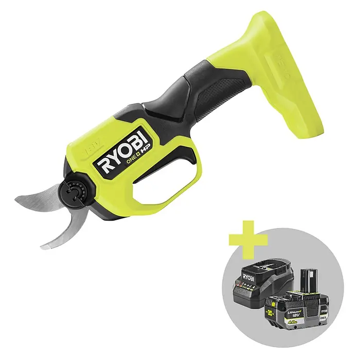 Ryobi ONE+ Maschinenpaket - Akku-Gartenschere RY18SCXA-0,18V, 4 Ah Akku & 2A Ladegerät - Ryobi ONE+ HP Akku-Astschere in Limettengrün und Schwarz, mit 18V Lithium+ Akku und Ladegerät.