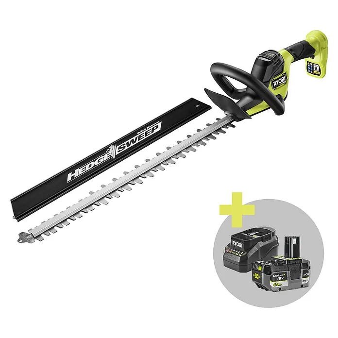 Ryobi ONE+ Maschinenpaket - Akku-Heckenschere RY18HTX60A-0,18V, 4 Ah Akku & 2A Ladegerät - Ryobi Akku-Heckenschere (grün/schwarz) mit HEDGE SWEEP, plus 18V 4.0Ah Akku und Ladegerät.