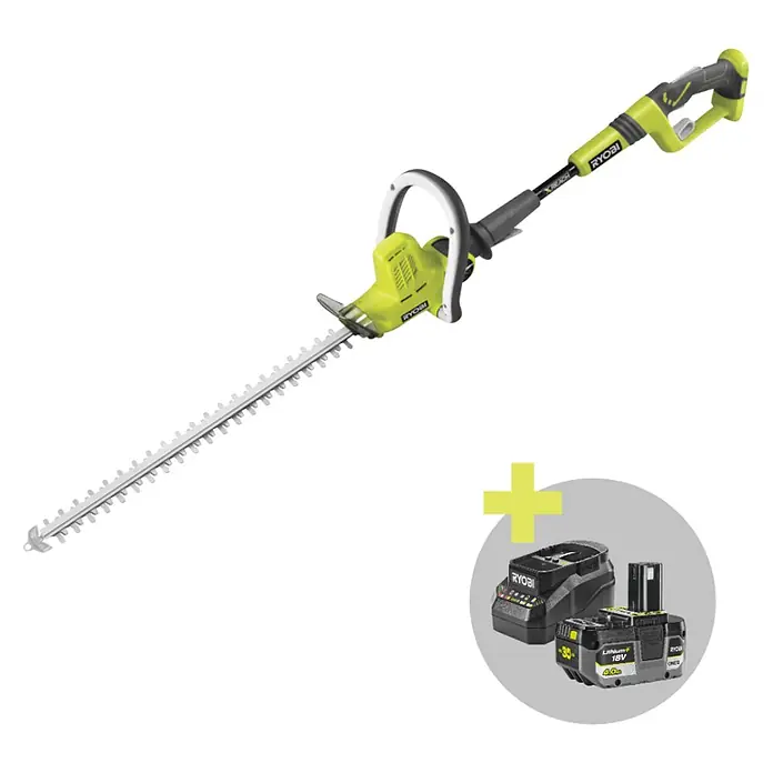 Ryobi ONE+ Maschinenpaket - Akku-Heckenschere OHT1850X,18V, 4 Ah Akku & 2A Ladegerät - Grüne und schwarze Ryobi Teleskop-Heckenschere mit langem Blatt, 18V Akku und Ladegerät.