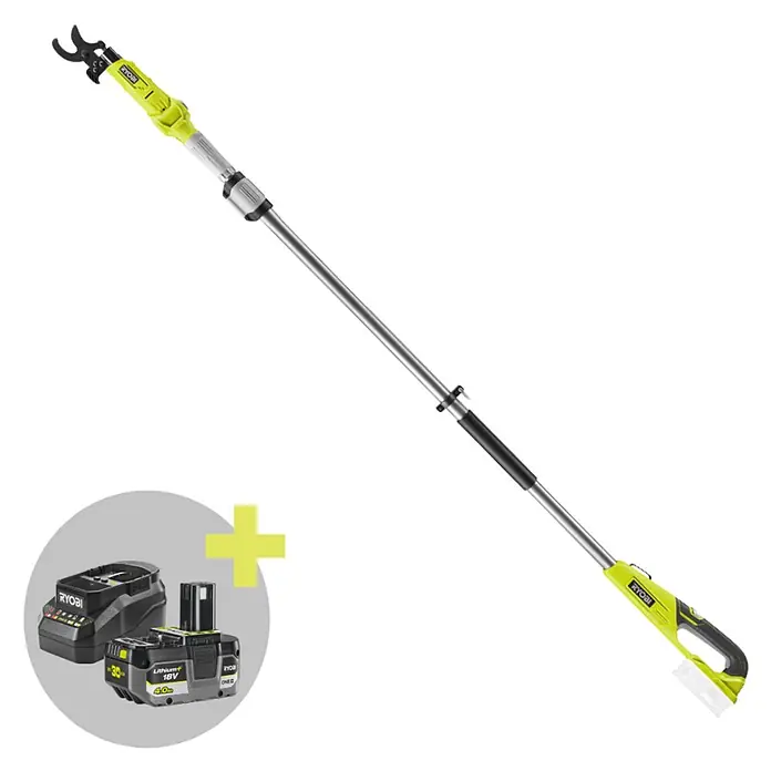 Ryobi ONE+ Maschinenpaket - Akku-Teleskop-Astschere RY18PLA-0,18V, 4 Ah Akku & 2A Ladegerät - Ryobi 18V Teleskop-Astschere mit gelben Akzenten und silberner Stange, inklusive 18V 4.0Ah Akku und Ladegerät.