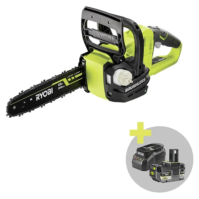 Ryobi ONE+ Maschinenpaket - Akku-Kettensäge ,18V, 4 Ah Akku & 2A Ladegerät - Ryobi 18V Akku-Kettensäge in Limettengrün und Schwarz, mit passendem 18V 4.0Ah Lithium+ Akku und Ladegerät.