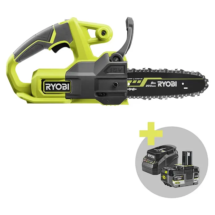 Ryobi ONE+ Maschinenpaket - Akku-Kettensäge RY18CS20A-0,18V, 4 Ah Akku & 2A Ladegerät - Limettengrüne und graue Ryobi 18V 8-Zoll-Minikettensäge mit Akku und Ladegerät.