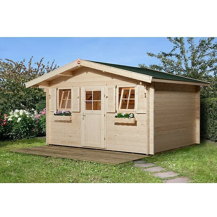 Weka Gartenhaus Passau V60 - Außenmaß inkl. Dachüberstand (B x T): 450 x 374 cm, Holz, Natur, 11,4 m² - Holzgartenhaus mit Fenster und Terrasse, ideal für den Garten. Das Gerätehaus bietet zusätzlichen Stauraum im Außenbereich.