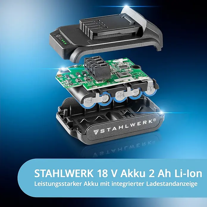 STAHLWERK Akkuschrauber Akkuschrauber ABS-18 ST - 18 V, 1 Akku, 2 Ah, 1.400 Nm - Explosionszeichnung eines STAHLWERK 18V 2Ah Li-ion Akkus, zeigt Platine, Zellen und Gehäuse.