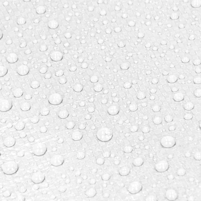 ECD Germany Abdeckplane - L x B: 1.000 x 800 cm, 260 g/m², Kunststoff - Klare Wassertropfen perlen auf einer weißen, fein strukturierten wasserdichten Oberfläche.