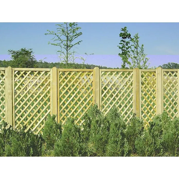 GartenLand Sichtschutzelement VARIO - B x H: 100 x 180 cm, Holz, Kiefer KDI Grün - Helle Holz-Rankgitterzaunelemente mit Pfosten, teilweise verdeckt von grünen Sträuchern.