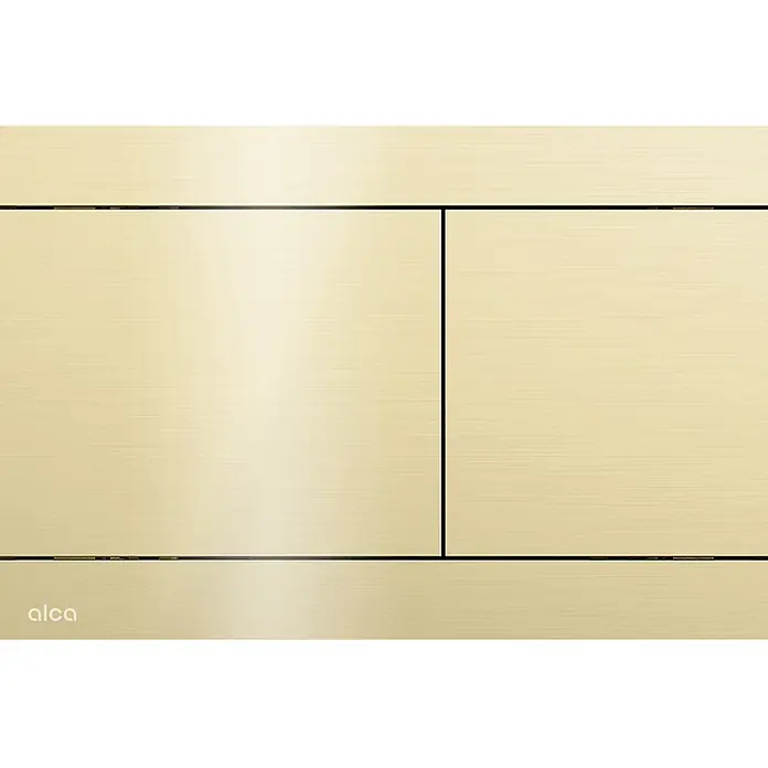 Alcadrain Betätigungsplatte FUN-G-P - Gold - Gebürstete goldene Doppelspül-Toilettenplatte mit zwei Betätigungsknöpfen und 'alca'-Logo.