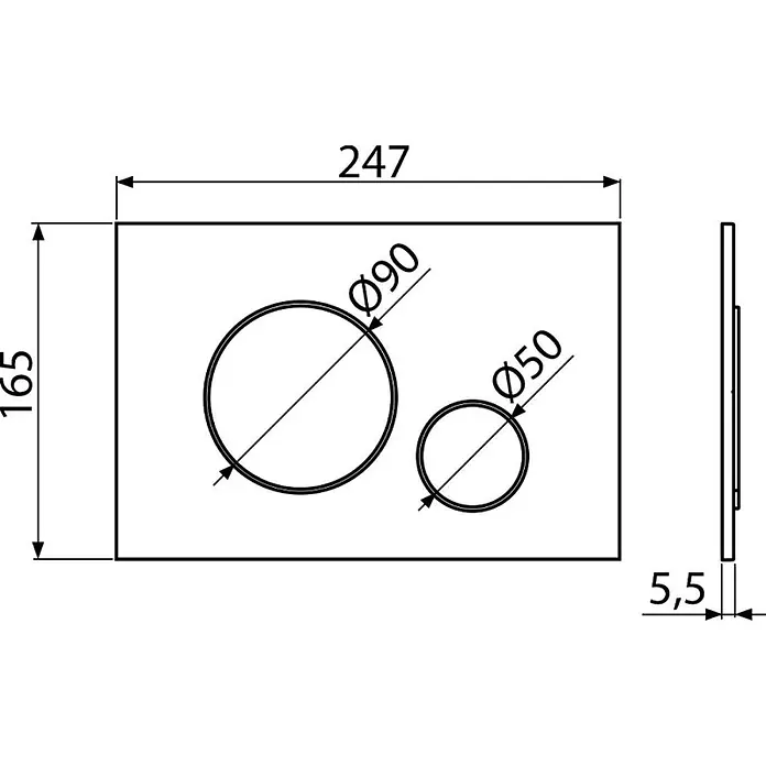 Alcadrain Betätigungsplatte Alcadrain WC - Betätigungsplatte M676 Weiß-Matt - Weiß Matt - Technische Zeichnung einer rechteckigen Platte (247x165mm) mit Ø90mm und Ø50mm Löchern, 5,5mm dick.