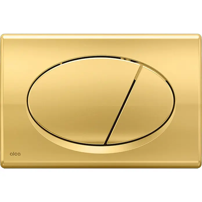 Alcadrain Betätigungsplatte M75 - Gold - Goldene Toilettenspülplatte mit zwei ovalen Dual-Flush-Tasten und "alca" Logo.