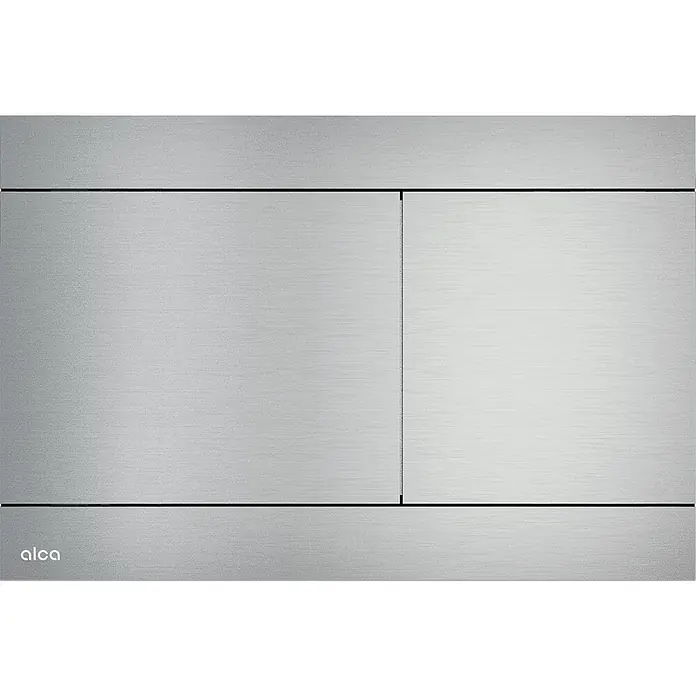 Alcadrain Betätigungsplatte FUN-INOX - Edelstahl - Gebürstete Metall-WC-Betätigungsplatte mit zwei rechteckigen Tasten und Alca-Logo.