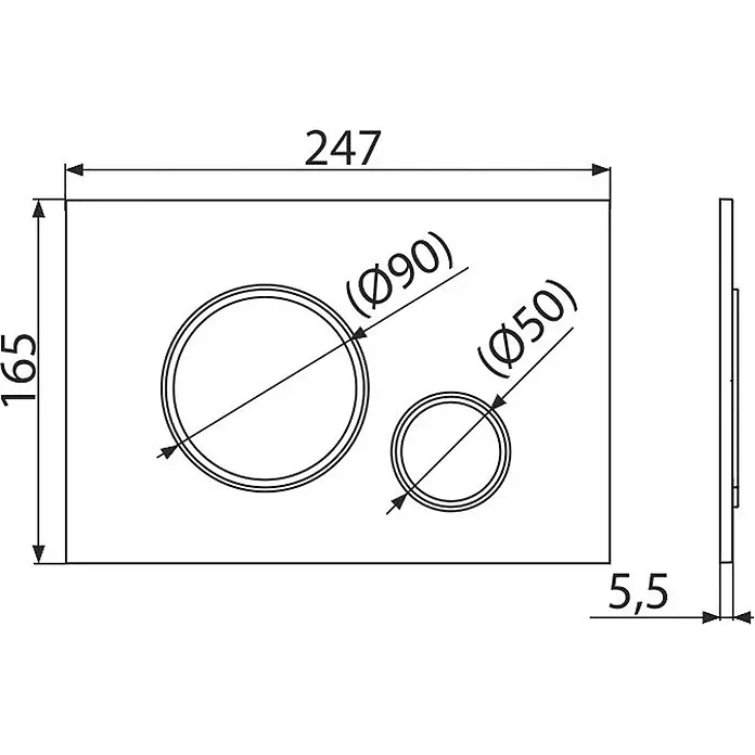 Alcadrain Betätigungsplatte M776 - Chrom, Weiß - Technische Zeichnung einer rechteckigen Spülplatte mit zwei runden Tasten (Ø90 und Ø50), Maße 247x165x5,5 mm.