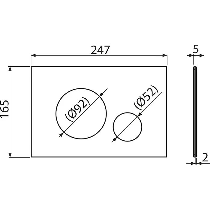 Alcadrain Betätigungsplatte TURN-WHITE - Weiß - Technische Zeichnung einer rechteckigen Platte, 247x165x5mm, mit zwei runden Ausschnitten: Ø92mm und Ø52mm.