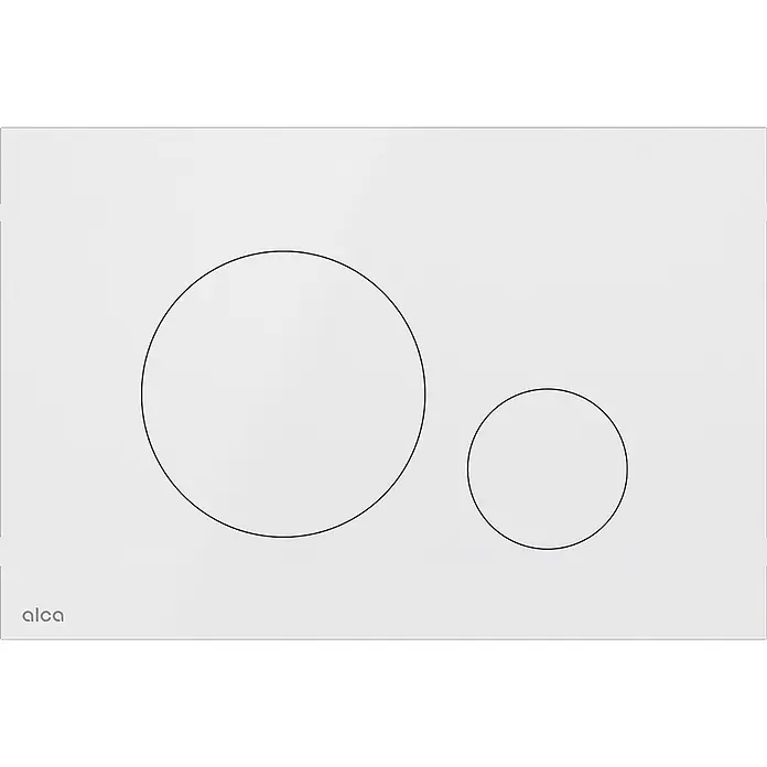 Alcadrain Betätigungsplatte TURN-WHITE - Weiß - Weiße Toilettenspülplatte mit zwei runden Tasten und 'alca' Logo.
