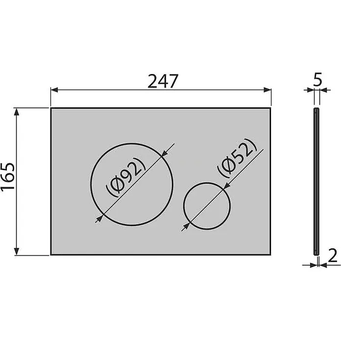 Alcadrain Betätigungsplatte TURN-BRASS - Messing - Bemaßte Zeichnung einer rechteckigen Platte, 247x165mm, 5mm dick, mit kreisförmigen Ausschnitten von 92mm und 52mm Durchmesser.